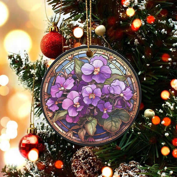Stained Glass Floral Ornament, Purple Violets Ceramic Ornament, Violet Flower Christmas Ornament, Botanical Tree Decor Keepsa