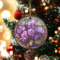 Stained Glass Floral Ornament, Purple Violets Ceramic Ornament, Violet Flower Christmas Ornament, Botanical Tree Decor Keepsake Present