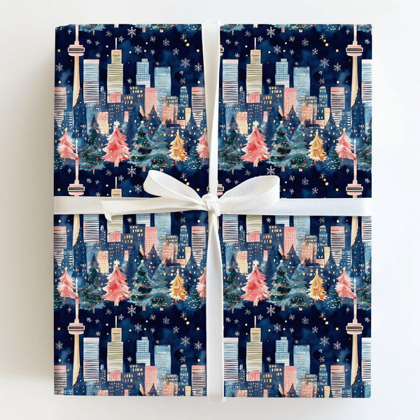 Snowy CN Tower Gift Wrap, Toronto Skyline Christmas Wrapping Paper, Night Cityscape Holiday Gift Wrapping Paper, Canada Winte