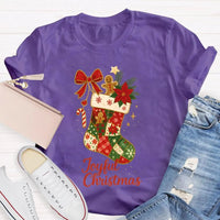Retro Festive Pattern Tee, Christmas Bows and Holiday Socks Shirt, Adorable Christmas Graphic T-Shirt, Comfy Winter Holiday Present