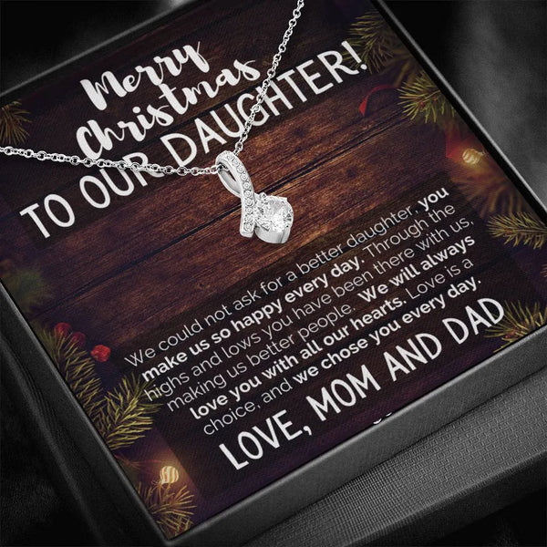 Sparkling Cubic Zirconia Ribbon Pendant, Daughter Christmas Ribbon Necklace, 14k White Gold Stainless Steel Necklace, Holiday