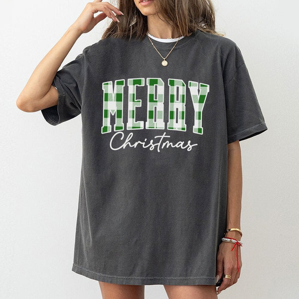 Buffalo Check Tree Holiday Shirt, Green Plaid Merry Christmas T-Shirt, Rustic Merry Christmas Tee, Festive Winter Graphic T-S