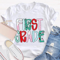 Custom Holiday Font 1st Grade Tee, Personalized First Grade Christmas Shirt, Teacher Student Xmas T-Shirt, Christmas Grade Shirt