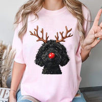 Reindeer Antlers Doodle Dog Holiday Graphic Tee, Goldendoodle Christmas T-Shirt, Adorable Puppy Xmas Shirt, Dog Lover Holiday Present