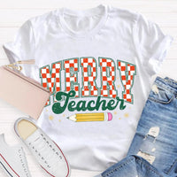 Holiday Educator Graphic Tee, Plaid Pencil Merry Teacher Christmas T-Shirt, Adorable Winter School Teacher Shirt, Christmas Teacher Present