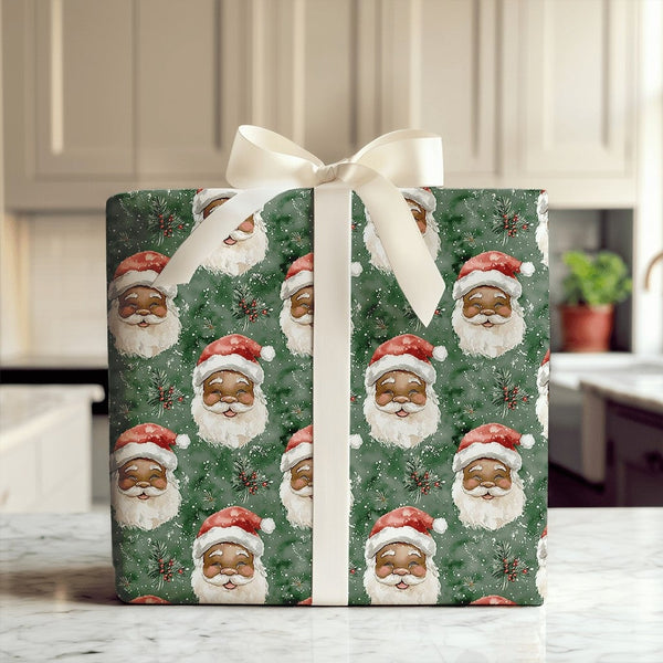 Watercolor Santa Claus Gift Wrap, Black Santa Wrapping Paper, Inclusive Christmas Present Paper, African American Santa Holid