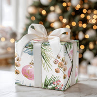 Watercolor Ornament Holiday Gift Wrap, Pink Christmas Wrapping Paper, Pine and Berry Wrapping Paper, Elegant Winter Wrapping Paper Roll