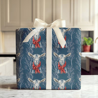 Navy Blue Red Scarf Holiday Gift Wrap, Winter Goat Christmas Wrapping Paper, Farm Animal Christmas Wrapping Paper, Festive Winter Gift Wrap