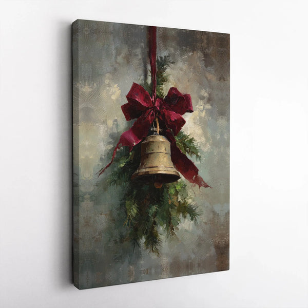 Oil Painting Pine Bough Canvas Print, Vintage Christmas Bell Wall Art, Traditional Holiday Wall Decor, Winter Xmas Canvas Art