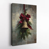 Oil Painting Pine Bough Canvas Print, Vintage Christmas Bell Wall Art, Traditional Holiday Wall Decor, Winter Xmas Canvas Art Present
