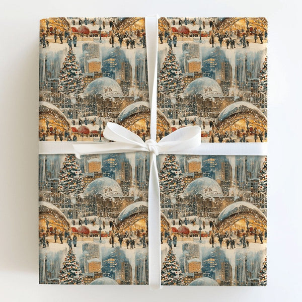 Snowy Millennium Park the Bean Gift Wrap, Chicago Christmas Wrapping Paper, Watercolor City Skyline Gift Wrap, Winter Holiday
