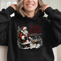 Humorous Deer Rifle Graphic Sweatshirt, Tis the Season Santa Hunting Hoodie, Retro Hunting Christmas Hooded Sweater, Hunter Graphic Xmas Hoodie