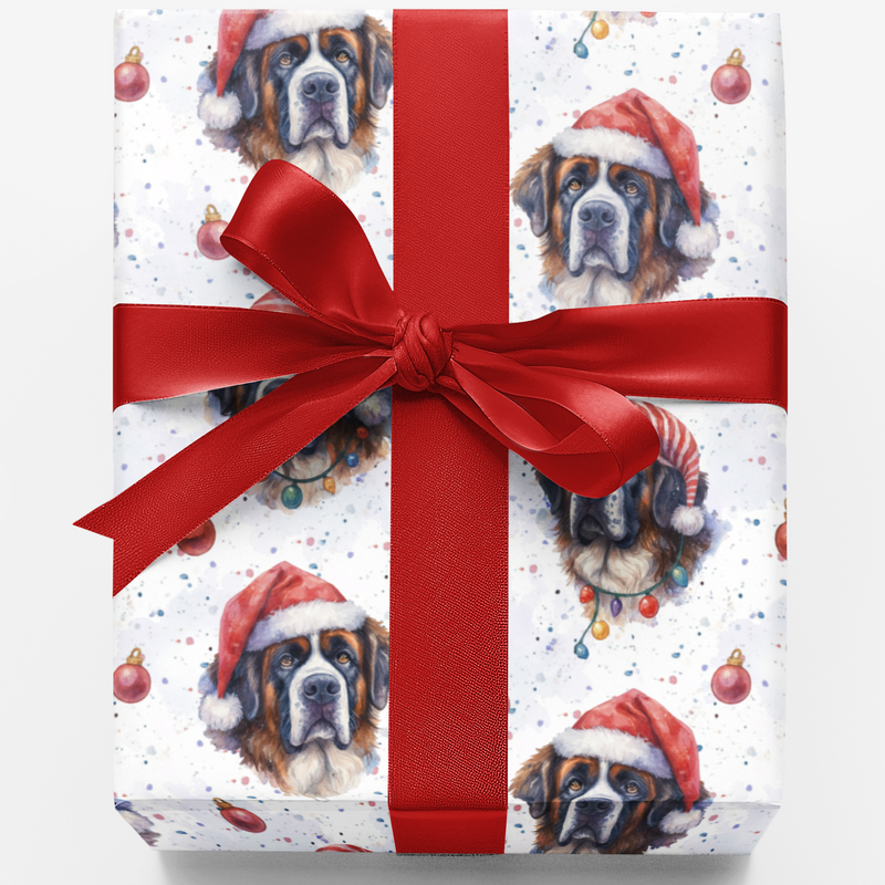 Santa Hat Dog Gift Wrap, Saint Bernard Christmas Wrapping Paper, Comfy Puppy Present Wrap, Holiday Dog Lover Present Packaging Paper Roll