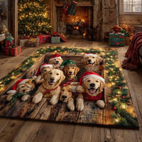 Santa Puppy Holiday Dog Rug, Golden Retriever Christmas Area Rug, Festive Garland Winter Floor Mat, Washable Bedroom Rug, Dog Lover Present