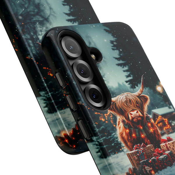 Festive Winter Lights Samsung Galaxy Case, Christmas Highland Cow Phone Case, Dual Layer Polycarbonate Tough Cover, Holiday P