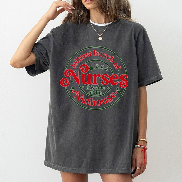 Humorous Christmas Nursing Graphic Tee, Jolliest Bunch of Nurses T-Shirt, RN LPN Holiday Healthcare Shirt, Medical Student Xm