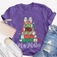 Colorful Crayons Bows Holiday Shirt, Personalized Christmas T-Shirt, Custom Name Kids Xmas Graphic Tee, Festive School Party Shirt