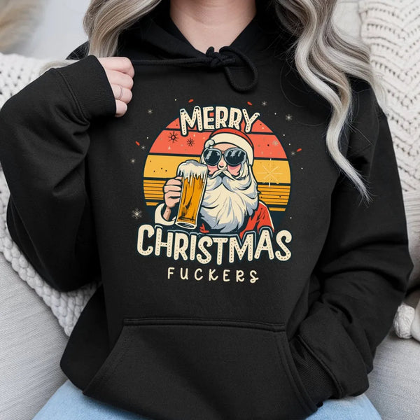 Humorous Santa Sweatshirt, Beer Drinking Santa Hoodie, Retro Santa Graphic Pullover, Sarcastic Christmas Santa Hoodie, Adult 