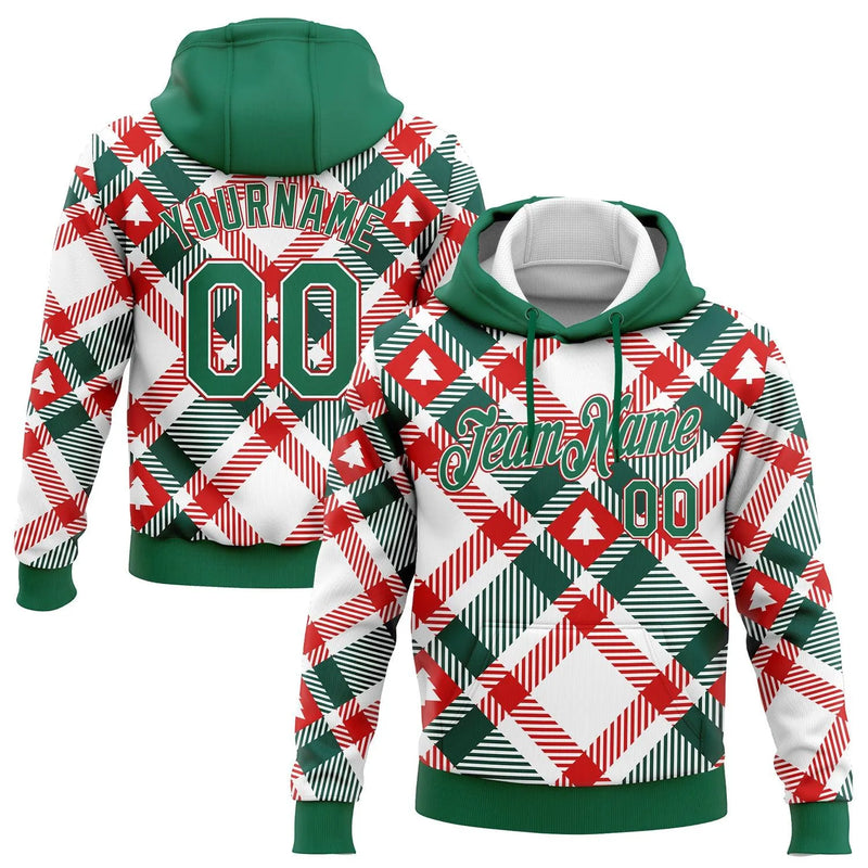 Personalized Name Number Holiday Pullover, Custom Christmas Plaid Tree Hoodie, 3D Xmas Tree Sweatshirt, Sports Fan Holiday Present