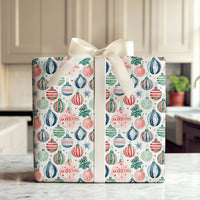 Festive Holiday Ornament Gift Wrap, Watercolor Christmas Wrapping Paper, Pine Botanical Xmas Wrapping Paper Roll, Seasonal Present Wrap