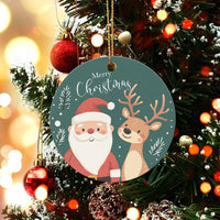 Ceramic Holiday Tree Ornament, Merry Christmas Santa and Reindeer Ornament, Festive Christmas Keepsake Ornament, Family Xmas Present