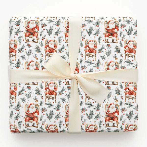 Watercolor Armchair Santa Gift Wrap, Vintage Santa Reading Wrapping Paper, Traditional Christmas Wrapping Paper, Holiday Wrap