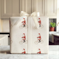 Whimsical Christmas Gift Wrap, Watercolor Santa on Bicycle Wrapping Paper, Retro Holiday Santa Wrapping Paper, Adorable Festive Gift Wrap Roll