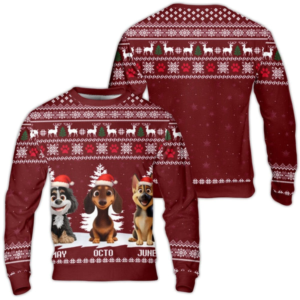 Cartoon Dog Christmas Sweater, Three Puppies Santa Hat Ugly Sweater, Adorable Puppy Holiday Sweatshirt, Dog Lover Xmas Pullov