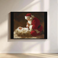Religious Christmas Wall Art, Santa Kneeling Before Baby Jesus Canvas, Christian Nativity Canvas Print, Holy Holiday Decor Present