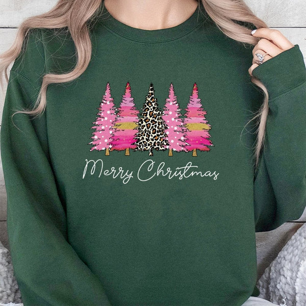 Merry Christmas Sweatshirt, Pink Leopard Christmas Tree Sweatshirt, Retro Holiday Leopard Tree Crewneck, Festive Winter Graph