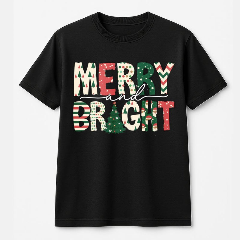 Festive Christmas Tree Typography Tee, Merry and Bright T-Shirt, Holiday Season Graphic Shirt, Xmas Winter Merry Bright T-Shirt