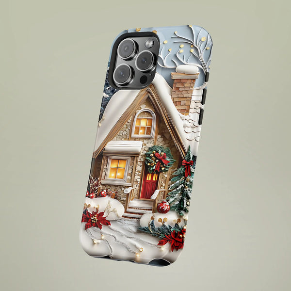 Snowy Winter Cabin Poinsettia iPhone Phone Case, Christmas Cottage Phone Case iPhone, 3D Holiday Tough Phone Cover, Xmas Pres