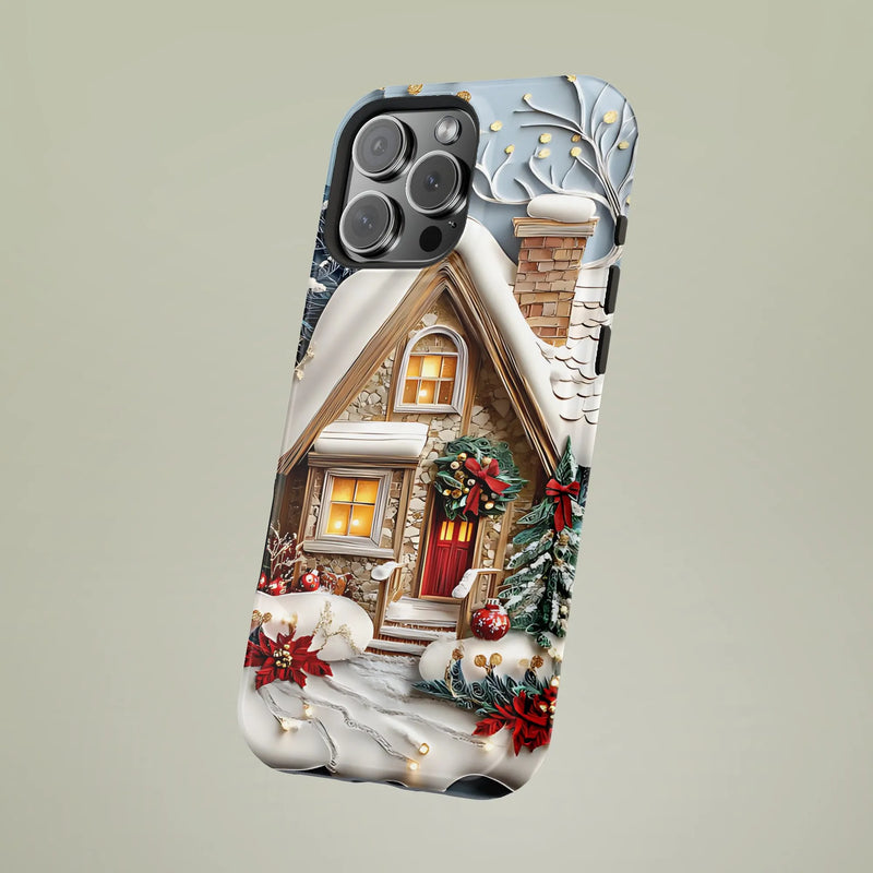 Snowy Winter Cabin Poinsettia iPhone Phone Case, Christmas Cottage Phone Case iPhone, 3D Holiday Tough Phone Cover, Xmas Present