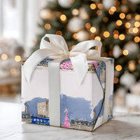 Watercolor Winter City Gift Wrap, Pink Christmas Tree Cityscape Wrapping Paper, Festive Street Holiday Wrapping Paper, Urban Gift Wrap Roll