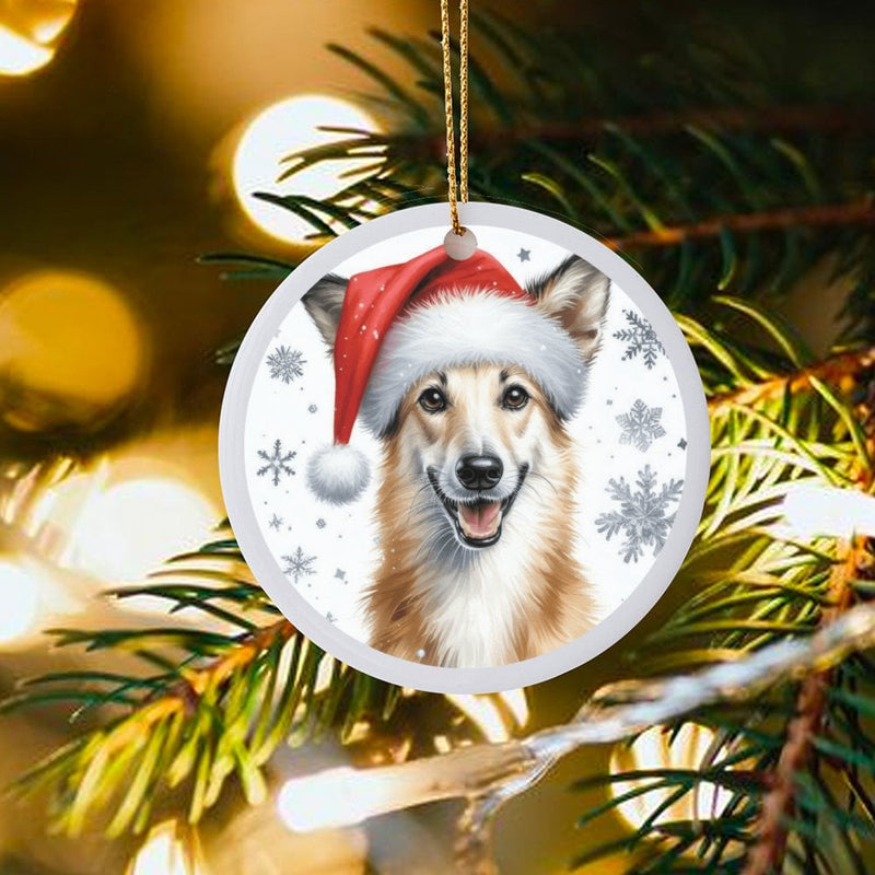Collie Dog Holiday Ornament, Collie Dog Santa Hat Christmas Ornament, Ceramic Collie Tree Ornament, Dog Lover Pet Keepsake, Xmas Present