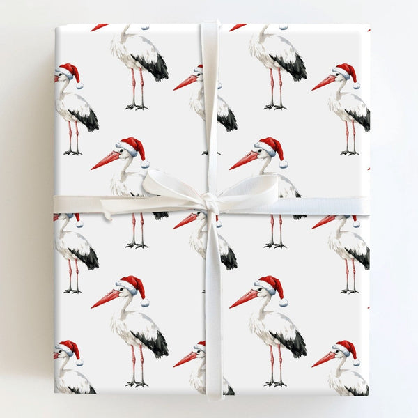 Santa Hat Bird Holiday Gift Wrap, Christmas Stork Wrapping Paper, Watercolor Winter Animal Wrapping Paper, Festive Whimsical 