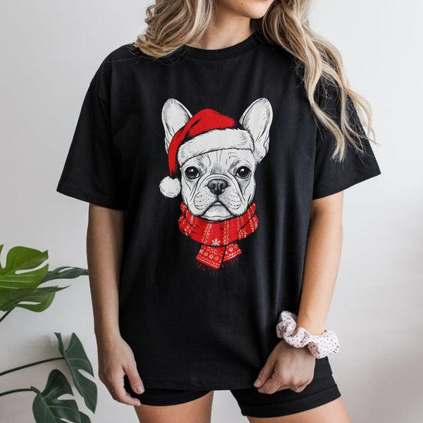 Adorable Santa Hat Frenchie Tee, French Bulldog Christmas Shirt, Holiday Dog Lover Graphic T-Shirt, Christmas Pet Shirt, Dog 