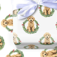 Dog Wreath Holiday Gift Wrap, Goldendoodle Christmas Wrapping Paper, Adorable Puppy Christmas Wrapping Paper, Dog Lover Gift Wrap Roll