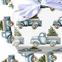 Farmhouse Christmas Truck Gift Wrap, Vintage Blue Truck Wrapping Paper, Rustic Tree Truck Wrapping Paper, Country Holiday Present Wrap