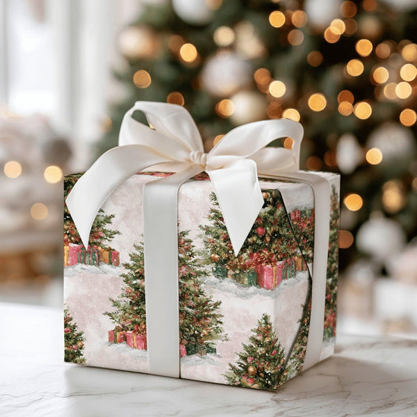 Pink Watercolor Christmas Wrapping Paper, Vintage Christmas Tree Wrapping Paper, Holiday Tree Wrapping Paper, Retro Winter Gi