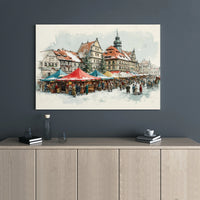 Watercolor Snowy Town Square Print, Christmas Market Canvas Wall Art, European Holiday Canvas Decor, Winter Wall Art