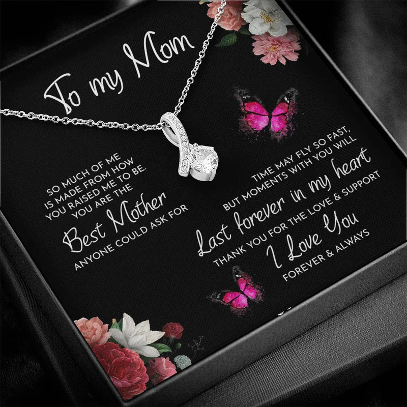 Sparkly Cubic Zirconia Ribbon Pendant Necklace, To My Mom Ribbon Necklace, 14k White Gold Finish Necklace, Mother Birthday Christmas Present