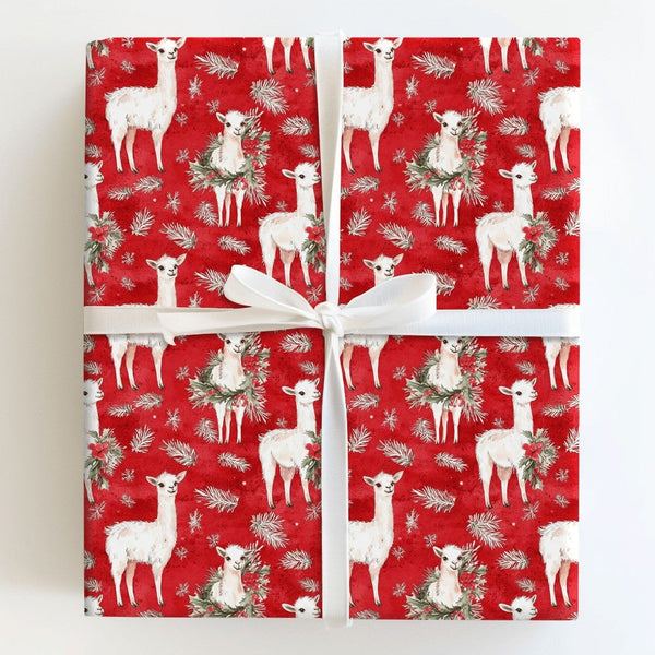 Red Holiday Animal Gift Wrap, Christmas Llama Wrapping Paper, Festive Wreath Llama Wrapping Paper Roll, Winter Snowflake Gift