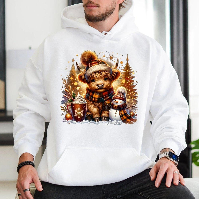 Snowman Hot Cocoa Sweatshirt, Highland Cow Christmas Hoodie, Adorable Winter Cow Graphic Hoodie, Comfy Farmhouse Pullover, Animal Lover Xmas Present
