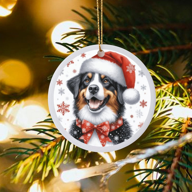 Aussie Santa Hat Dog Ornament, Australian Shepherd Christmas Ornament, Puppy Ceramic Holiday Tree Ornament, Adorable Dog Lover Keepsake Present