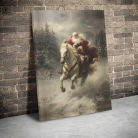 Snowy Winter Forest Canvas Print, Santa Claus with White Horse Canvas Art, Majestic Christmas Canvas Wall Art