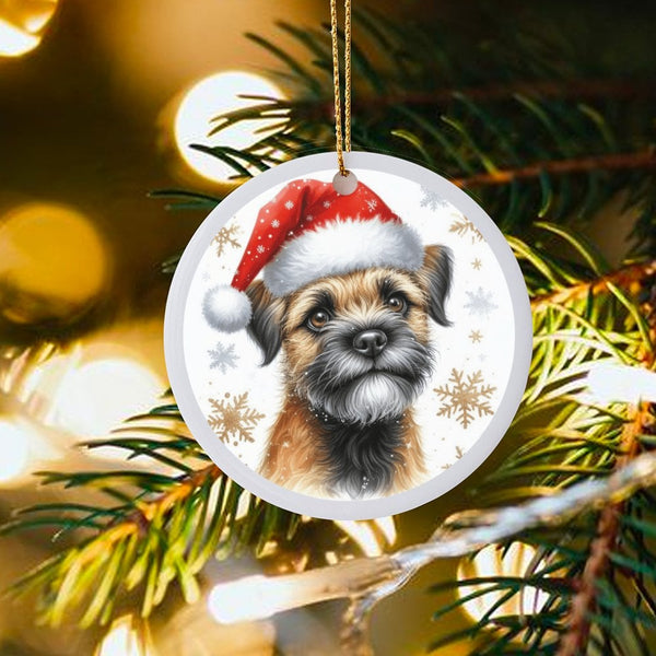 Santa Hat Dog Art Ornament, Border Terrier Christmas Ornament, Adorable Puppy Holiday Tree Ornament, Dog Lover Ceramic Keepsa
