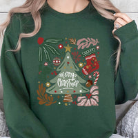 Retro Botanical Floral Tree Crewneck, Merry Christmas Floral Sweatshirt, Vintage Floral Holiday Pullover, Festive Winter Graphic Sweater