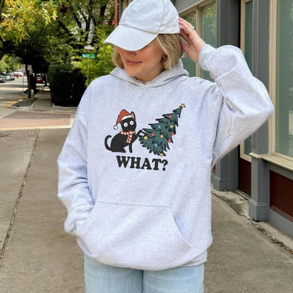 Humorous Cat Tree Graphic Hoodie, Naughty Black Cat Christmas Hoodie, Adorable Xmas Kitten Hoodie, Holiday Pullover Sweatshir