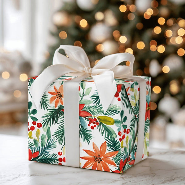 Christmas Holly Gift Wrap, Watercolor Poinsettia Wrapping Paper, Botanical Pine Wrapping Paper Roll, Festive Holiday Present 